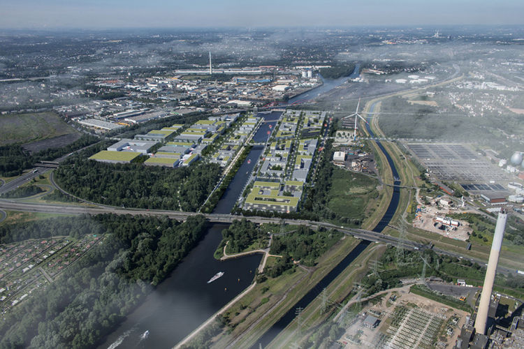 Visualisierung der hochwertigsten Flächen mit dem größten Potenzial zwischen Rhein-Herne-Kanal, Stadthafen und der renaturierten Emscher. Visualisierung: Stahm Architekten