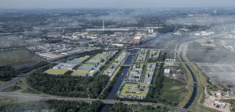 Visualisierung der Planung neuer Gewerbe- und Büroansiedlungen auf den ehemaligen Kohlelagerflächen der RAG entlang des Rhein-Herne-Kanals und der Autobahn 42 in Essen. © ArGe Freiheit Emscher